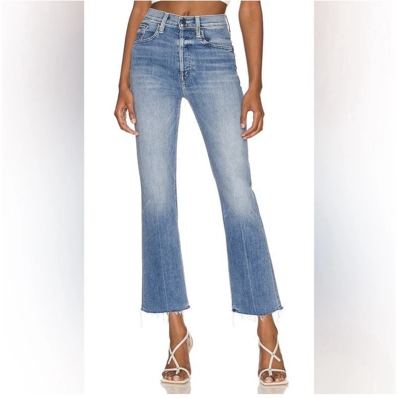 Mother The Tripper Ankle Fray Jeans Je' Taime 33 Blue High Rise Straight Raw Hem